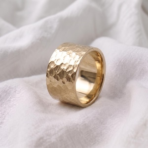 14K Gold Hammered Band Ring, 10mm Wide Statement Ring for Men Women, Chunky Gold Cigar Band, Unisex Wedding Ring, Anniversary Gift For Him