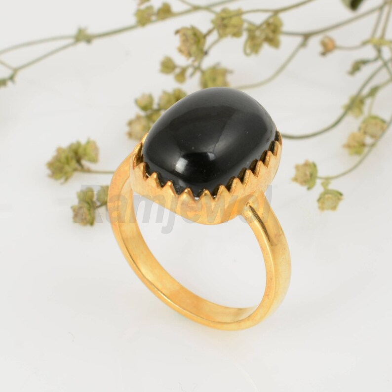 Rose gold ring handmade ring Gem Ring anniversary gift gemstone ring zig zack ring Brass ring Black Obsidian ring gift for her