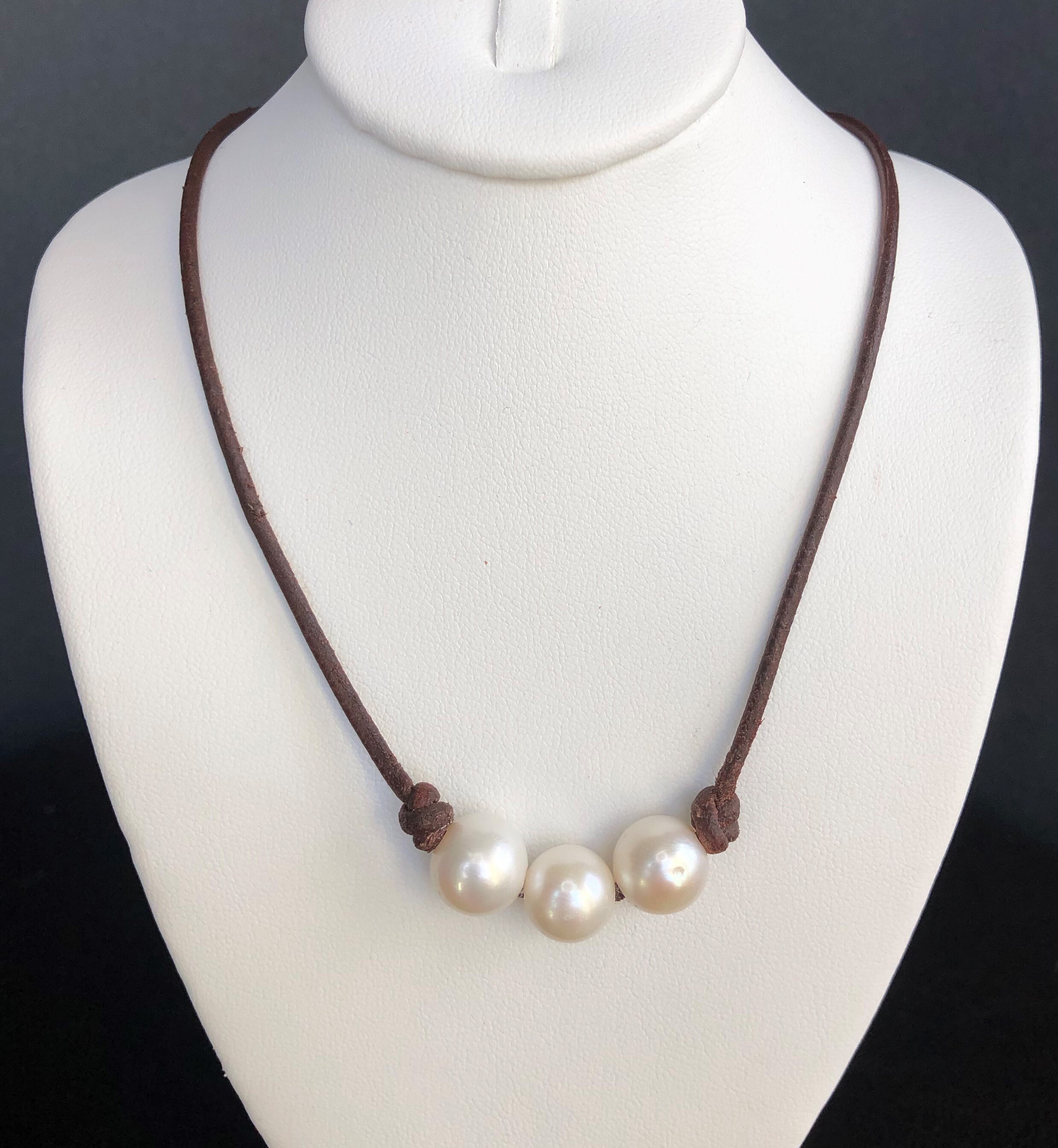 3 Pearl Leather Necklace Pearl and Loop Closure Medium Pearl Etsy