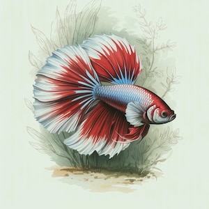 ベタのウォールアートプリント | 赤と青のベタのイラスト | トロピカルな水族館の装飾 | 4つのアスペクト比 | デジタルダウンロード