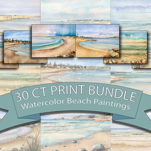 Watercolor Beach Print Bundle: 30 Coastal Landscape Paintings (Digital Download)