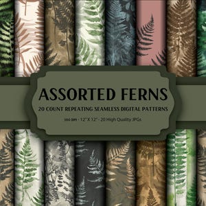 Assortiment de motifs sans couture de fougères | 20 impressions botaniques numériques | Fichiers JPG 12 x 12 pouces | Vert forêt et textures inspirées de la nature | 300 ppp