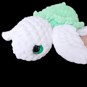 May include: A white crocheted turtle with green shell and large green eyes.