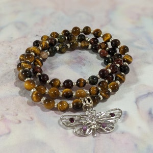 Tigerauge Elastisches Stretch Wickelarmband mit Schmetterling Anhänger