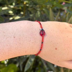 May include: A delicate beaded bracelet featuring a central ladybug charm. The bracelet is constructed from small, vibrant red beads interspersed with occasional black beads, creating a consistent pattern that encircles the wrist with a refined look.