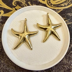 Puede incluir: Dos colgantes de estrella de mar dorados con un lazo en la parte superior para colgar. Las estrellas de mar se muestran en un plato blanco texturizado. El fondo tiene un diseño oscuro y estampado.