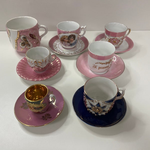 Lot Of 7 Mixed Collection German Lusterware Pink Gold Blue Tea Cups & Saucers