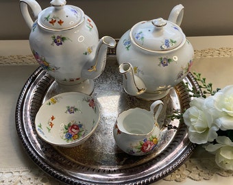 Vintage TUSCAN Bouquet Floral Cottage Roses & Flowers Teapot, Coffee Pot, Sugar, and Creamer Set