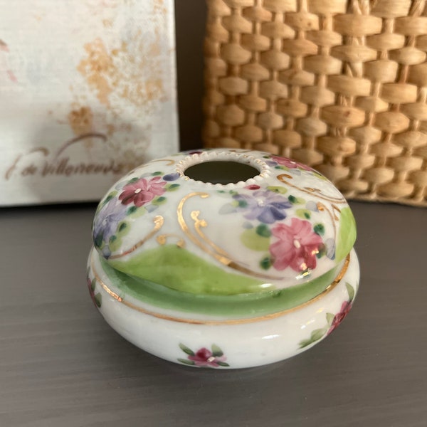 Vintage Porcelain Hair Receiver w/ Floral and Gold Design