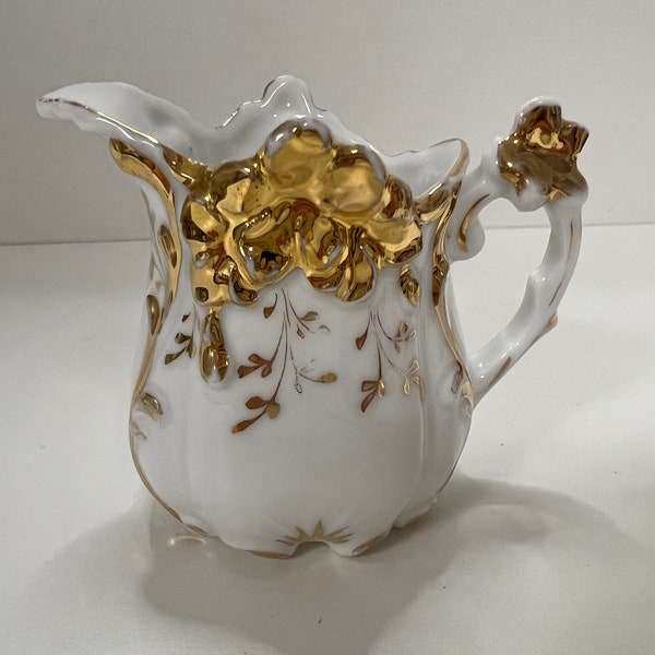 Vintage or Antique Porcelain Creamer Bavaria Germany White and Gold Floral