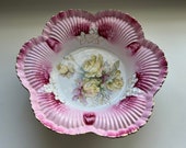Antique RS PRUSSIA Unmarked Large Bowl Yellow Roses Pink Scalloped Rim 10 1 2 quot