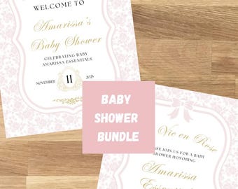 La Vie en Rose Baby Shower Invitation & Welcome Sign: Pink and Gold (Digital Download)