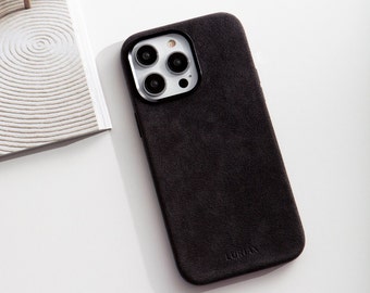 Handcrafted Alcantara Suede iPhone 15 Pro Case: Charcoal Black MagSafe Cover