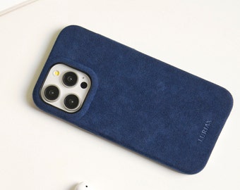 The Classic iPhone Case - Dark Blue by Luriax | Alcantara Suede Phone Cover MagSafe Compatible - iPhone 15 Pro and 16 Pro Series