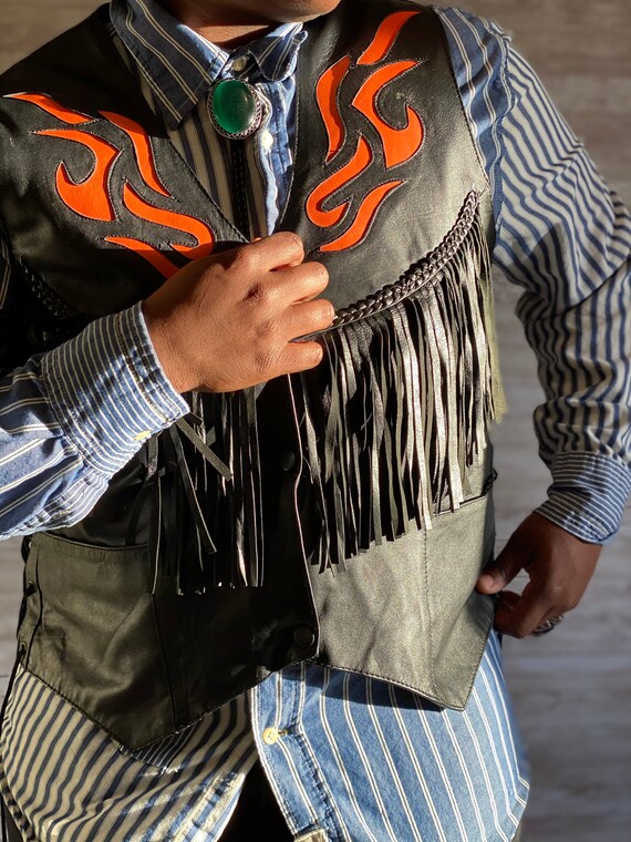 Fringe Leather Vest with orange flames