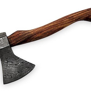 May include: A small axe with a wooden handle and a patterned steel head. The axe is made of Damascus steel and has a unique, intricate pattern.