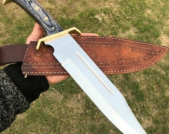 Custom Handmade d2 Steel Bowie Knife Full Tang Wood handle Hunting Knife With Leather Sheath