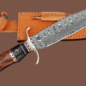 Handgefertigtes Damaststahl Bowiemesser, Holzgriff mit Lederscheide