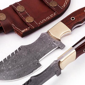 Beautiful Damascus Tracker Knife Beautiful Rose Wood Handle WITH LEATHER SHEATH