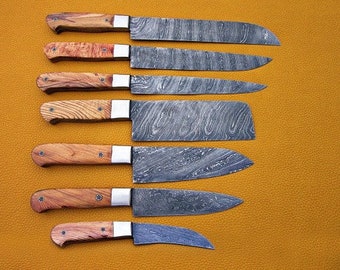 Custom Handmade Damascus Knife Damascus Steel Chef Knife Set Lot 7 with leather sheath