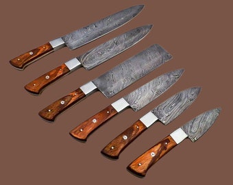 Couteau Damas fait à la main sur mesure Damascus Steel Chef Knife Set Lot 6 avec gaine en cuir
