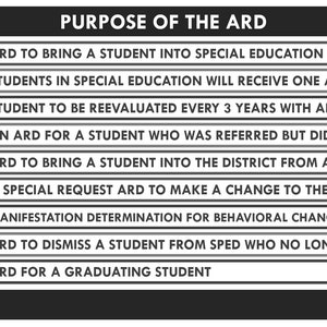 May include: A black and white chart titled "Purpose of the ARD" with a list of different types of ARD meetings and their purposes. The types of meetings include: Initial, Annual, 3-Year, DNQ, Admit, Revision, MDR, Dismissal, and Graduation.