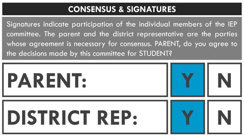 May include: A form with the title "CONSENSUS & SIGNATURES". The form asks "PARENT, do you agree to the decisions made by this committee for STUDENT?" with "Y" and "N" options. The form also asks "DISTRICT REP: " with "Y" and "N" options.