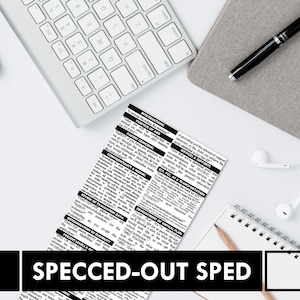 May include: A black and white document with the title "SPECCED-OUT SPED" and text about special education services and supports. The document is on a white surface with a keyboard, a notebook, a pen, and headphones.