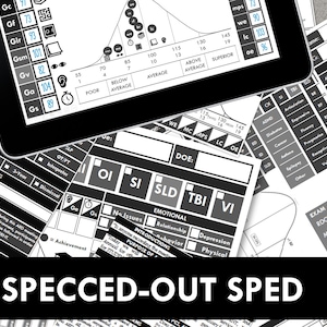 May include: A close-up of a black and white document with the text "SPECCED-OUT SPED" printed in white. The document is filled with various forms and charts, including a bell curve graph with scores ranging from 55 to 130.