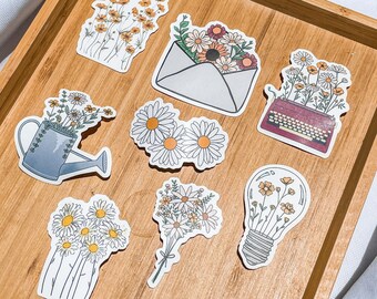 Wildflower Sticker Pack set van 8, Bloemen Sticker, Planner Stickers, Hydroflask Sticker, Laptop Decals, Waterdichte Stickers, Daisy Stickers