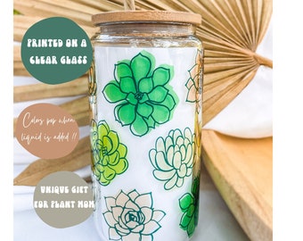 Succulent Glass, Iced Coffee Cup Lid and Straw, Glass Beer Can, Retro Coffee Cup, Birthday Gift for Mom, Mother's Day Gift, Plant Mom Gift,