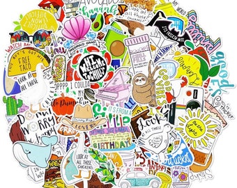 May include: A collection of colorful stickers with various designs and text. Stickers include avocados, lemons, sloths, tacos, and phrases like "Good Vibes" and "Free Taco." The stickers are suitable for decorating laptops, water bottles, or other items.