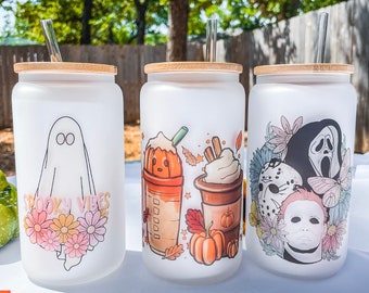 Bonita taza de cristal con tapa y pajita para Halloween, diseño de fantasma otoñal, para café helado, regalo de temporada espeluznante, taza de cristal con temática de Halloween