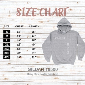 Puede incluir: Tabla de tallas para una sudadera con capucha gris, con medidas de pecho y largo en cent&iacute;metros. Las tallas van de la S a la 4XL, con medidas de pecho de 50.8cm a 81.3cm y largos de 66cm a 81.3cm. La sudadera es Gildan 18500 Heavy Blend.