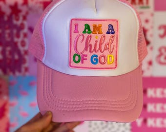 Gorra de camionero rosa Y2K, "Soy un hijo de Dios", parche bordado, artículos cristianos de moda, accesorios religiosos, regalo religioso, gorra de malla