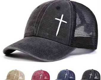 Gorra unisex, gorras de béisbol con bordados irregulares, gorras para exteriores, gorras retro lavadas, ropa cristiana, regalo cristiano unisex, gorra con cruz