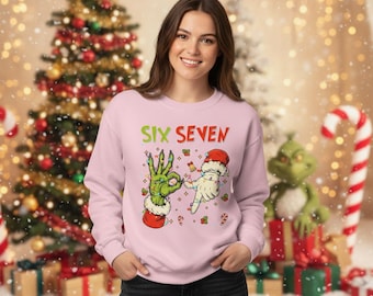 Suéter navideño divertido Six Seven, sudadera infantil con manos de Papá Noel, regalo feo para fiestas navideñas, suéter Gen Z, cuello redondo meme