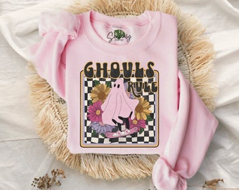 Sudadera de otoño para mujer, cuello redondo de Halloween rosa preppy, suéter retro de Halloween, camiseta de fantasma preppy, camisa de mujer de moda, regalo adolescente