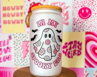 Pink Halloween Cup, In My Spooky Era Glass, Iced coffee glass, fall coffee cup, Glass Cup with Lid and Straw, Gift for Women, Cute Halloween