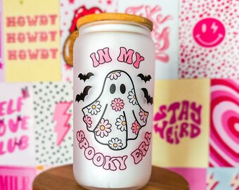 My Spooky Era Taza de café fantasma de Halloween para los amantes de Halloween lindos fantasmas y murciélagos Taza de vidrio espeluznante fantasma retro Stay Spooky My spooky era