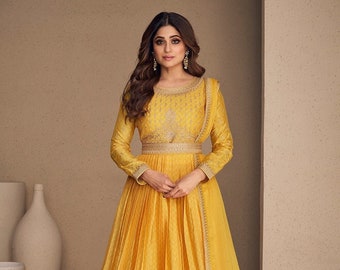 Alluring Chinon Silk Yellow Embroidered Haldi Function Wear Anarkali Gown With Dupatta, Anarkali Wedding Dress for women's, Anarkali Dresses