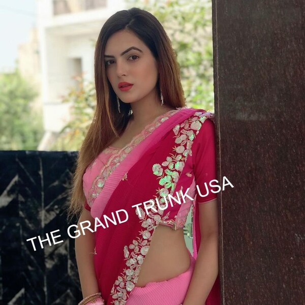 Eye-catching Double Tone Crush With Sequence Embroidery Work Saree, Georgette Sarees, Sequence sarees, Party wear saree USA, Indian wedding