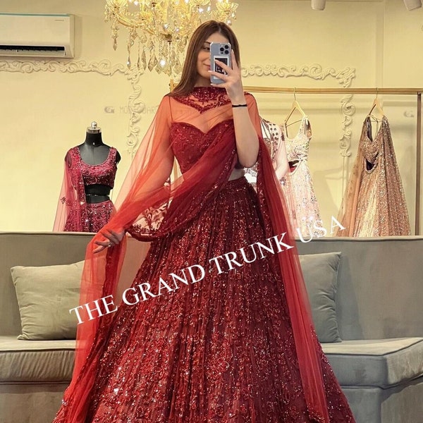 Tenues de soirée de créateur Lehenga Choli rouge avec paillettes Jupe Lehenga Choli de travail/mariage/Party Wear rouge Lehenga Choli pour femme/Jupe lehenga Sequence