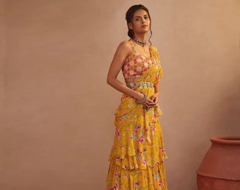 Bereit zu tragen Lehenga Saree Bluse,Rüsche Lehenga Saree,3 Schicht Rüschen Rüschen Arbeit,fertige Designer Bluse,Taillengürtel,Kamar Patta,Saree