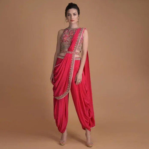 Trending Taft Seide Dhoti mit Crop Top und Stickerei und Sequence Arbeit mit Georgette Dupatta für Frauen, Hochzeit salwar kameez