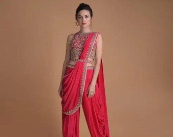 Trending Taffeta Silk Dhoti With Crop Top and Embroidery and