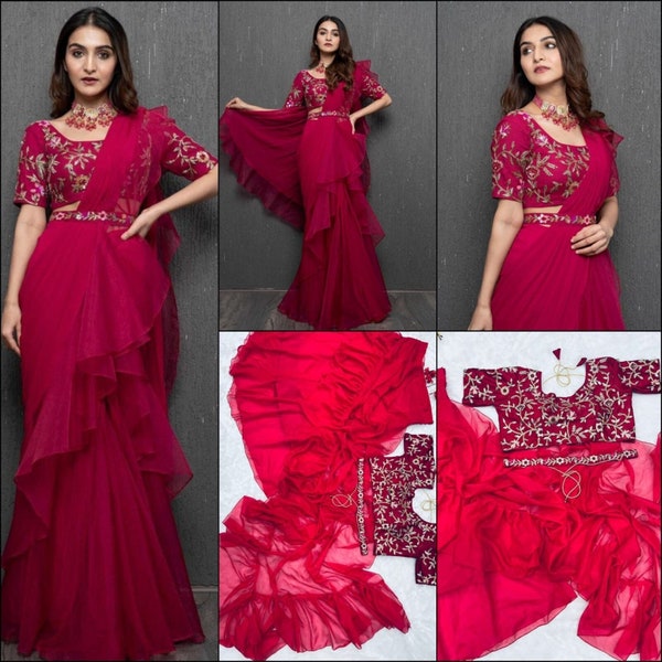 Magenta Pink Ruffles Saree With Belt For Women, Ready To Wear Skirt Style Sarees, Indian Wedding Mehendi Reception ruffle Party Wear Sarees