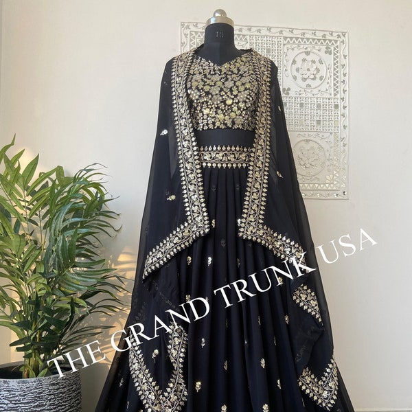 Black Lehenga Choli With Gold Embroidery Work, Ready To Wear Lehenga Blouse, Indian Wedding Sangeet Reception Party Wear Lehenga choli skirt