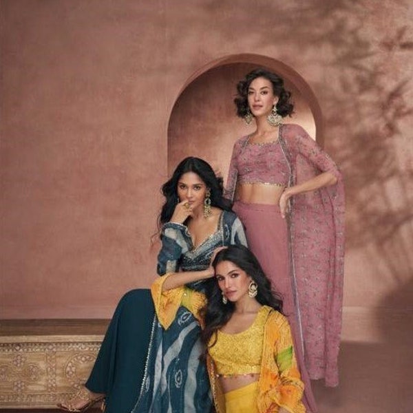 Women Crop Top With Palazzo And Jacket Indo Western Ethnic Set