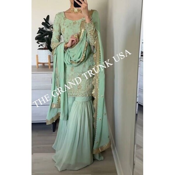 Exclusive Pista Green Pure Georgette Fancy Embroidery Work Sharara Suit With Dupatta, Partywear Kurta Sharara Set, Ready to wear salwar suit